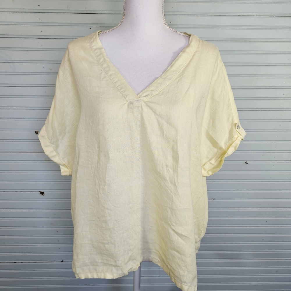 Isaac Rizhari  Pale Yellow 100% Linen Lagenlook V-neck Blouse Women's Size XL